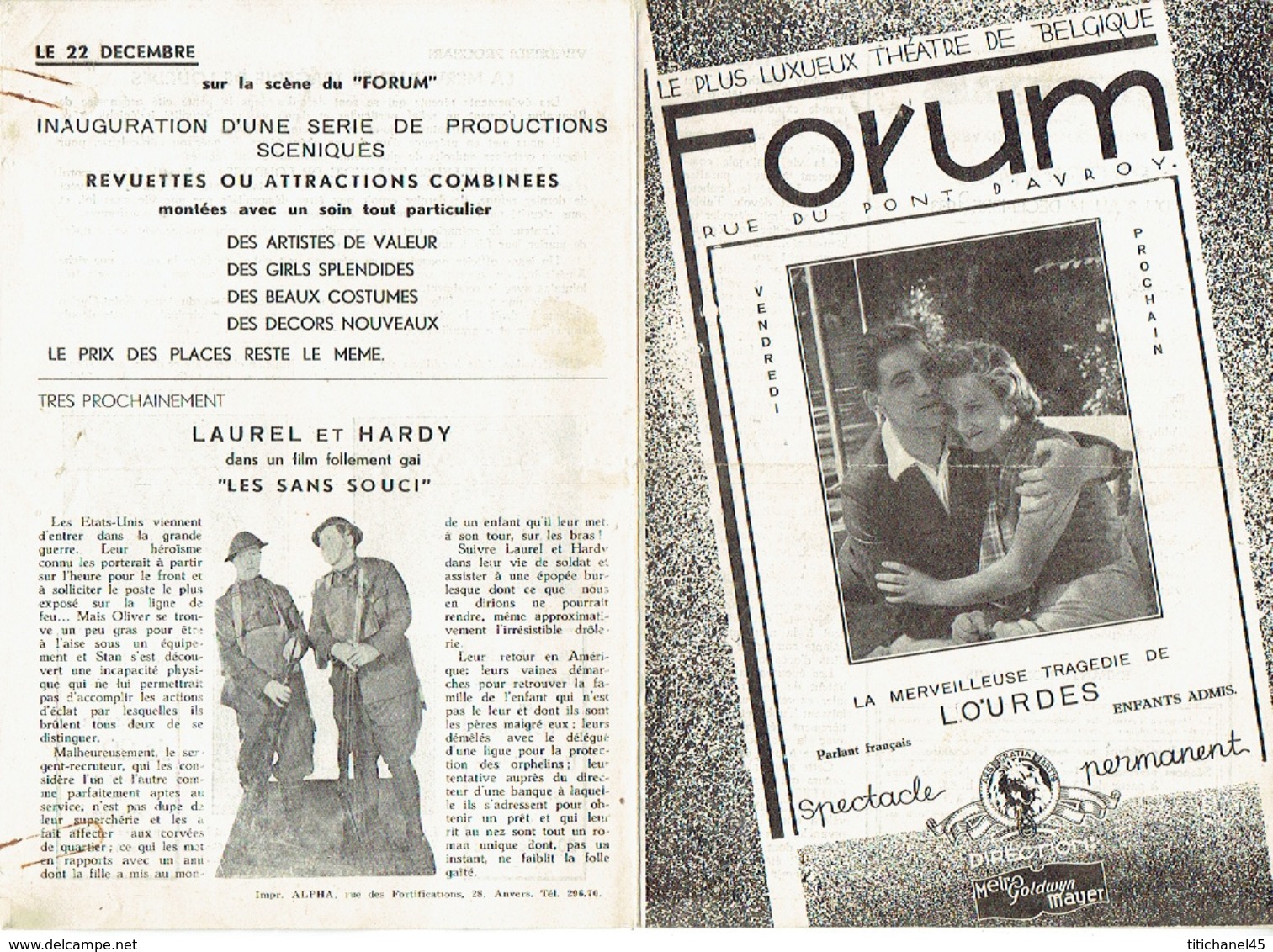 LIEGE 1933 - Programme Cinéma LE FORUM En 2 Volets - LAUREL ET HARDY Dans "Les Sans Souci" - Programmes