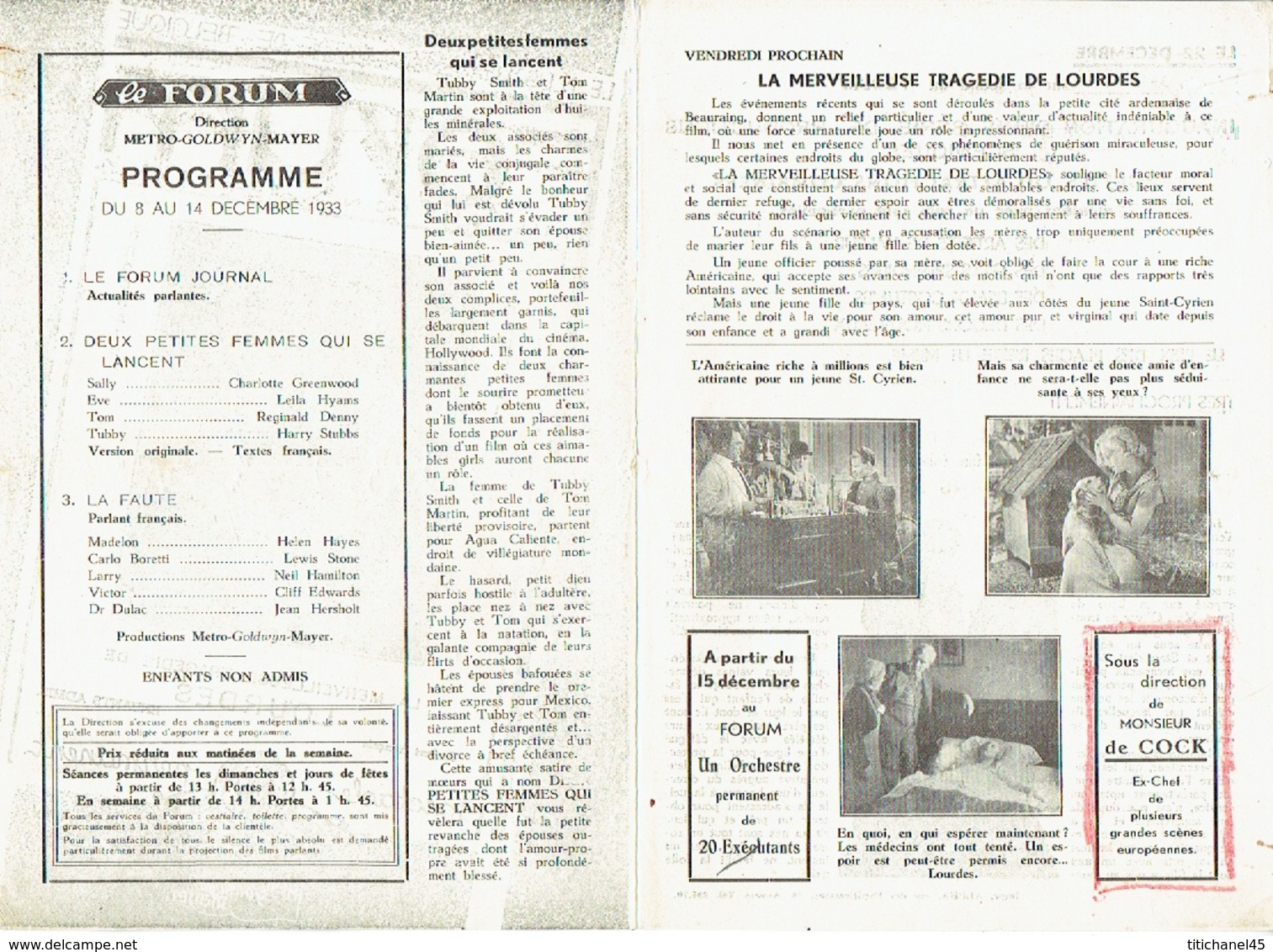 LIEGE 1933 - Programme Cinéma LE FORUM En 2 Volets - LAUREL ET HARDY Dans "Les Sans Souci" - Programmes