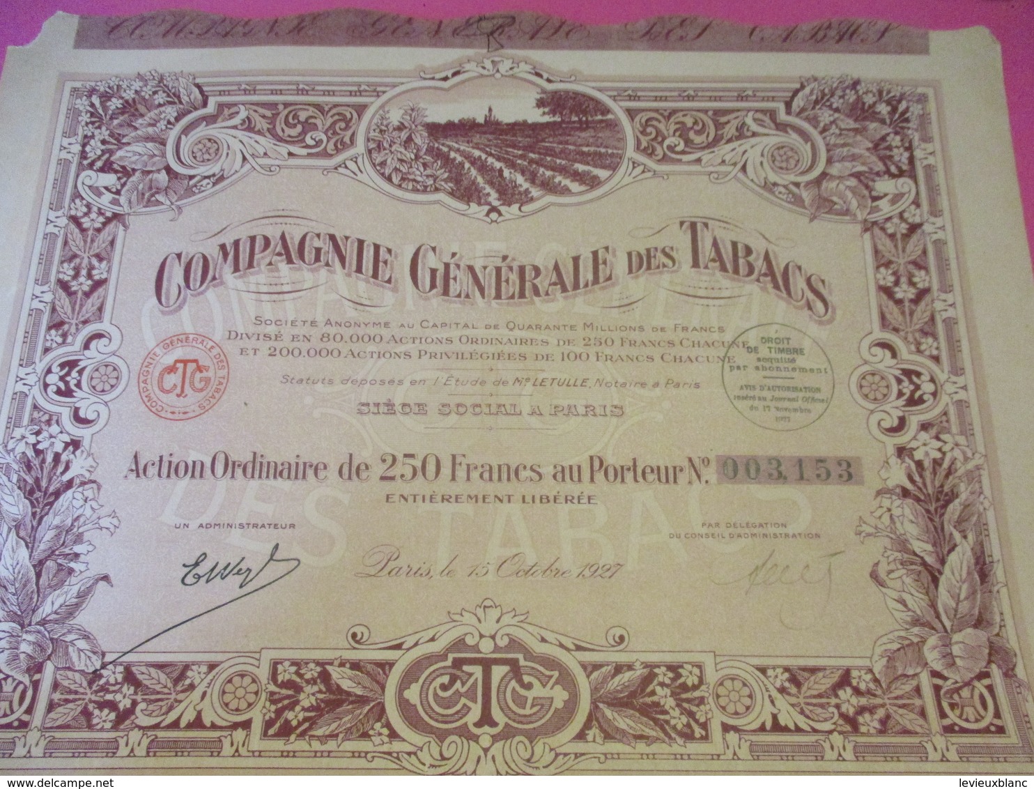 Action Ordinaire De 250 Francs  Au Porteur Entièrement Libérée /Compagnie Générale Des Tabacs /1927         ACT193 - Agriculture