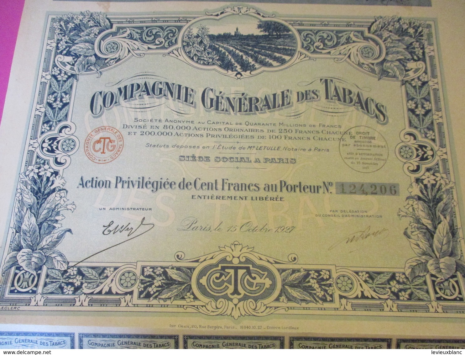 Action Ordinaire De 100  Francs  Au Porteur Entièrement Libérée /Compagnie Générale Des Tabacs /1927         ACT194 - Landbouw