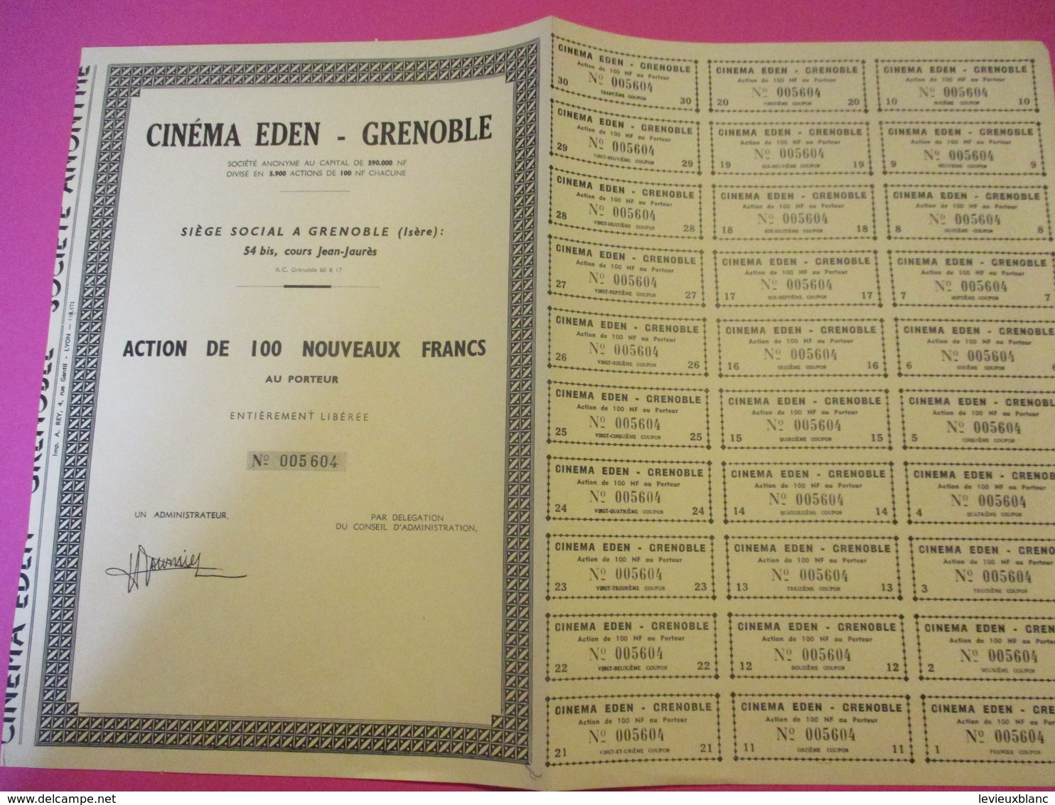 Action  De 100  Nouveaux  Francs  Au Porteur Entièrement Libérée /Cinéma EDEN-GRENOBLE/ /Vers 1960        ACT195 - Film En Theater