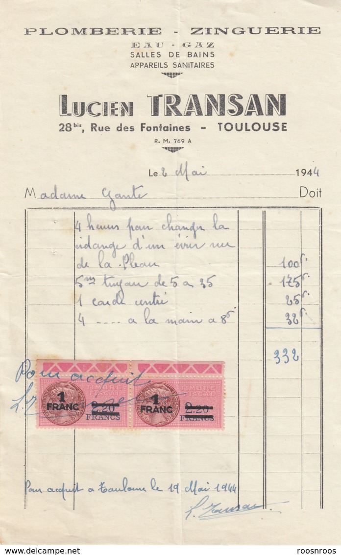 PETITE FACTURE LUCIEN TRANSAN  - PLOMBERIE ZINGUERIE  A TOULOUSE - FISCAUX SURCHARGES - 1900 – 1949