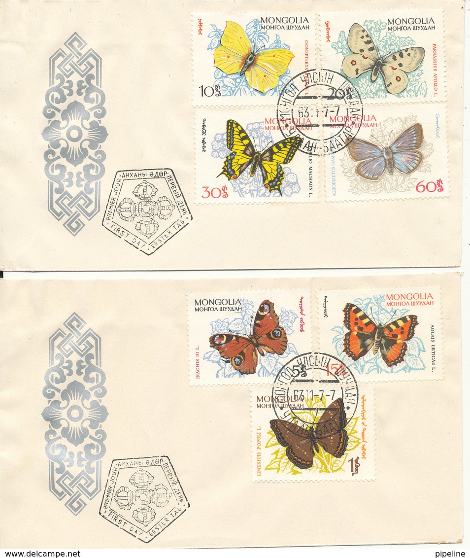 Mongolia FDC 1-7-1963 Butterflies Complete Set Of 7 Stamps On 2 Covers With Cachet - Mongolia