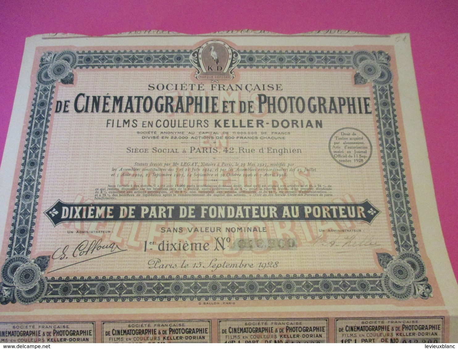 Dixième De Part De Fondateur Au Porteur/Société Française De Cinématographie Et De Photographie/Paris /1928       ACT197 - Cinéma & Theatre