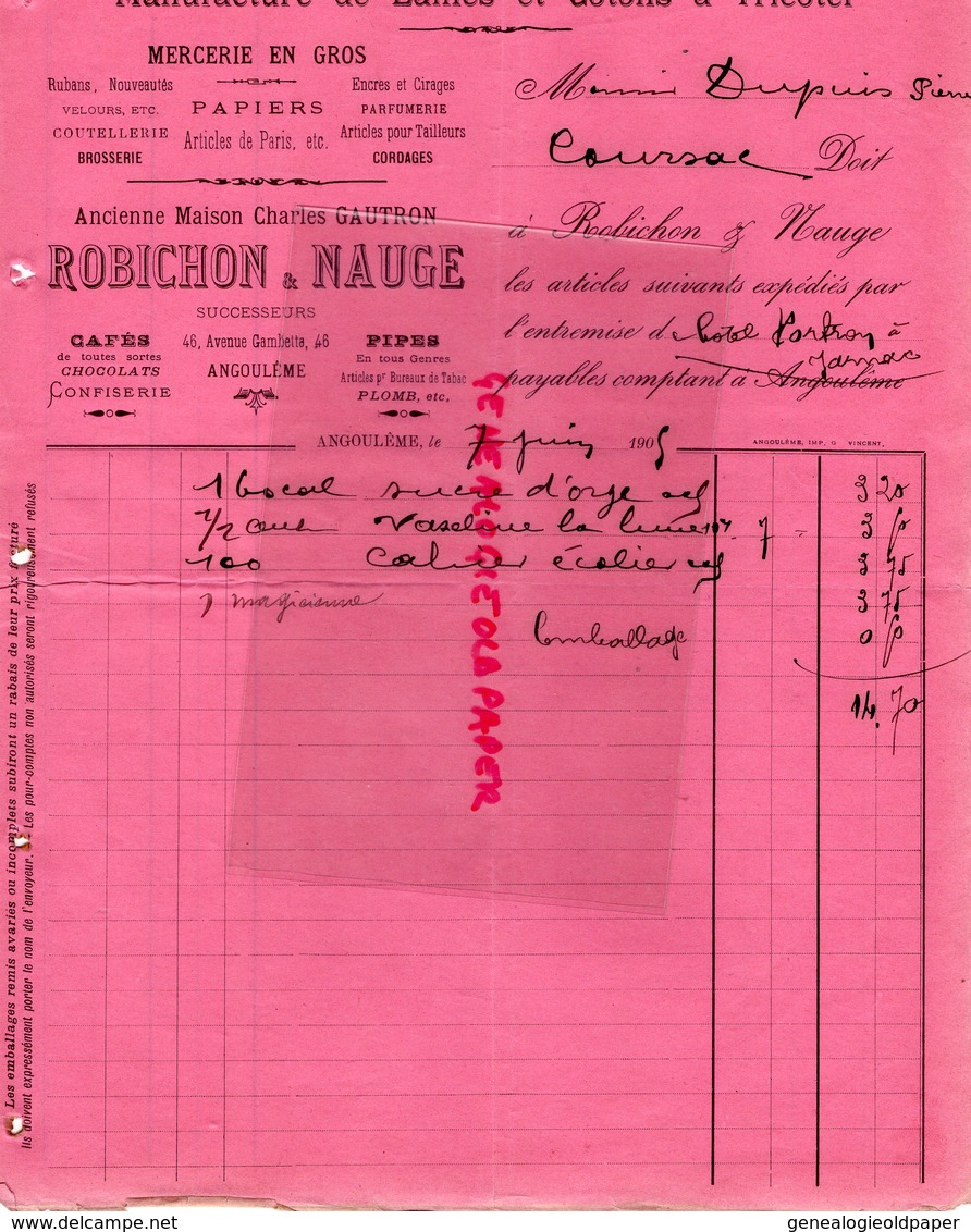 16- ANGOULEME- RARE FACTURE ROBICHON & NAUGE- CHARLES GAUTRON- MANUFACTURE LAINES COTONS A TRICOTER-MERCERIE-1905 - Textile & Clothing