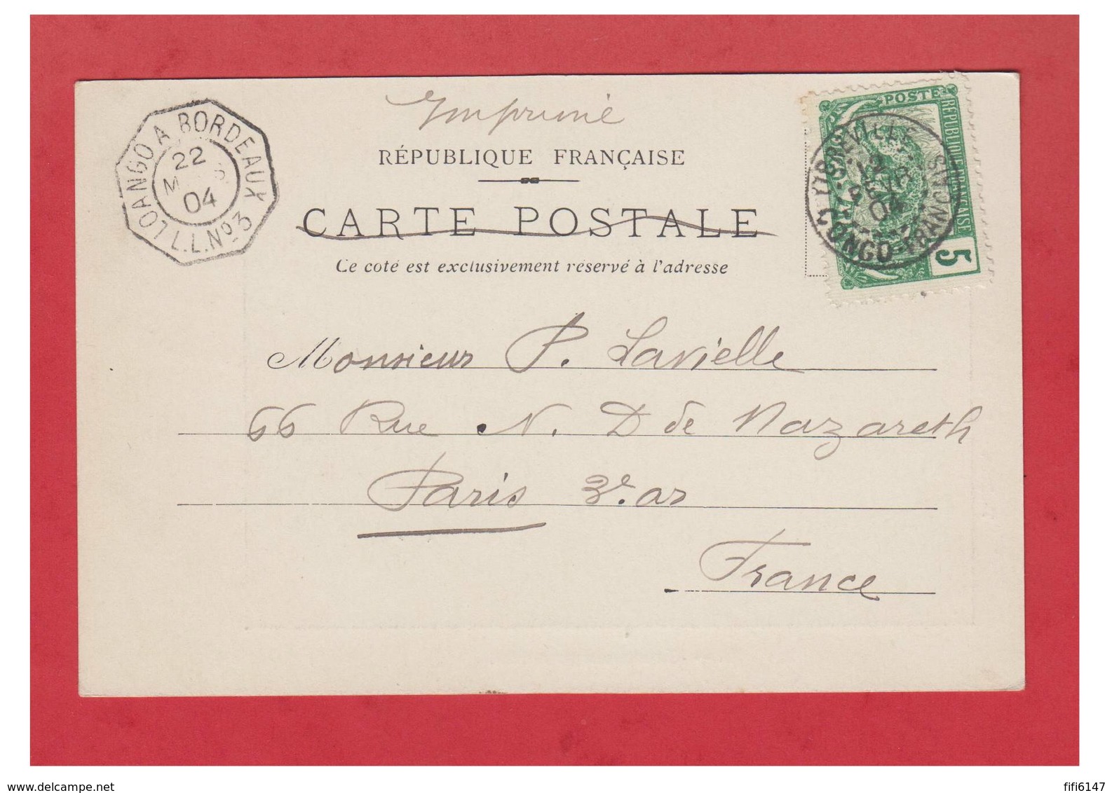 POSTE MARITIME -- " LOANGO A BORDEAUX LL N°3" SUR CP DE LIBREVILLE CONGO FRANCAIS-- 1904--TB-- - Poste Maritime