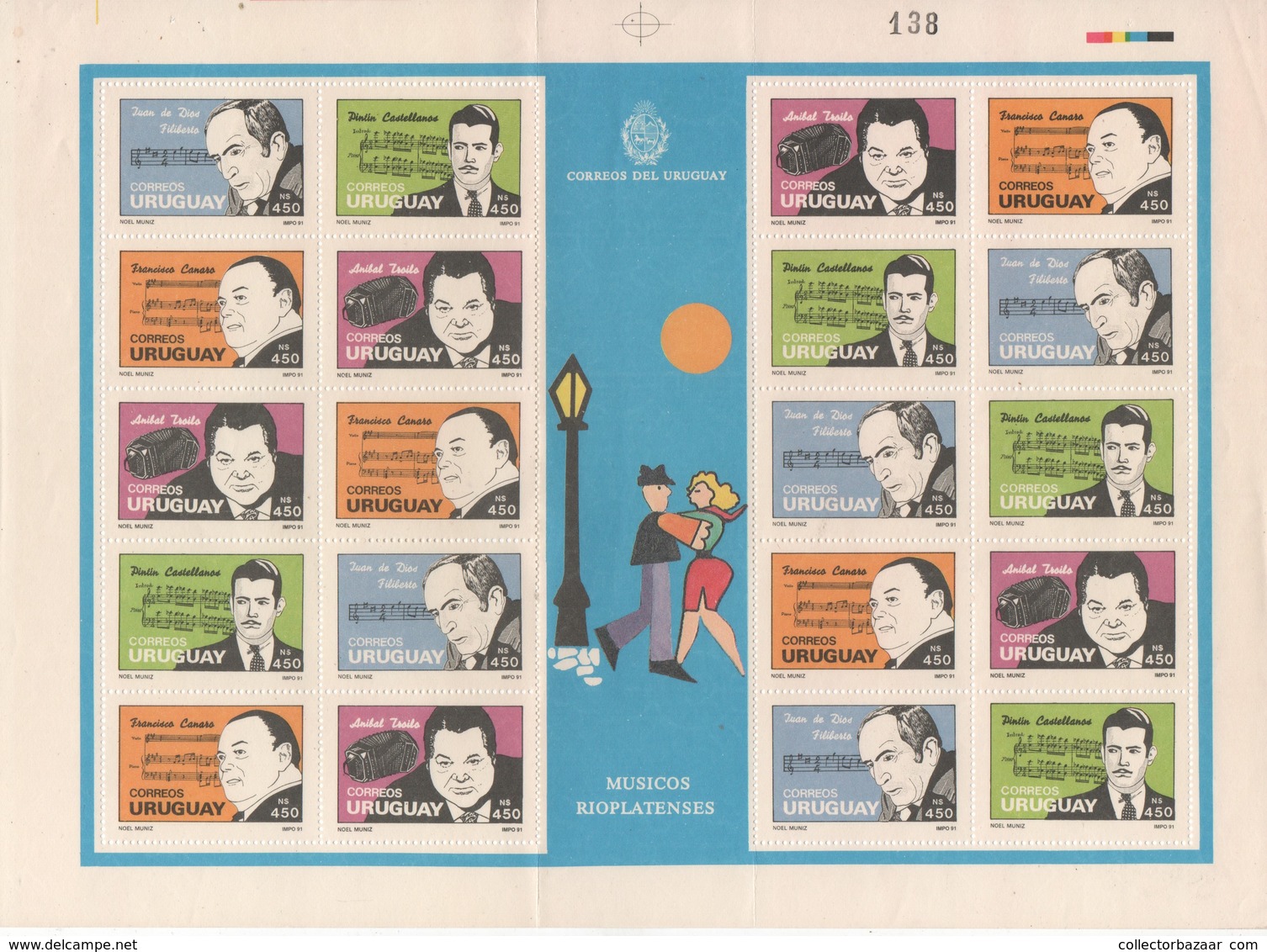 URUGUAY Sc#1413/14 MNH STAMP SHEET Couple Dancing Street Lamp Tango Music Canaro Troilo - Musica Baile - Uruguay