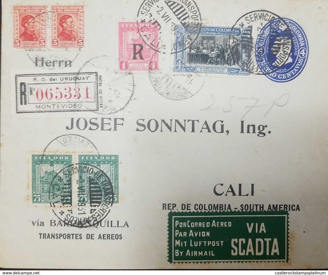 O) 1929 CIRCA-COLOMBIA, AIRMAIL  VIA SCADTA -TRIPLE FRANQUE-PORTE OF THREE COUNTRIES: ECUADOR SCADTA OVERPRINT R BLACK S - Uruguay