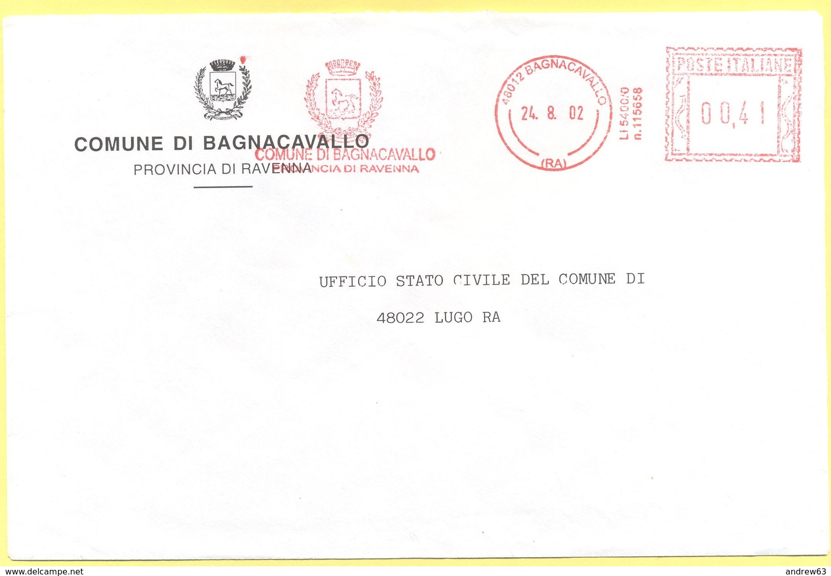 ITALIA - ITALY - ITALIE - 2002 - 00,41 EMA, Red Cancel - Comune Di Bagnacavallo - Viaggiata Da Bagnacavallo Per Lugo - Macchine Per Obliterare (EMA)