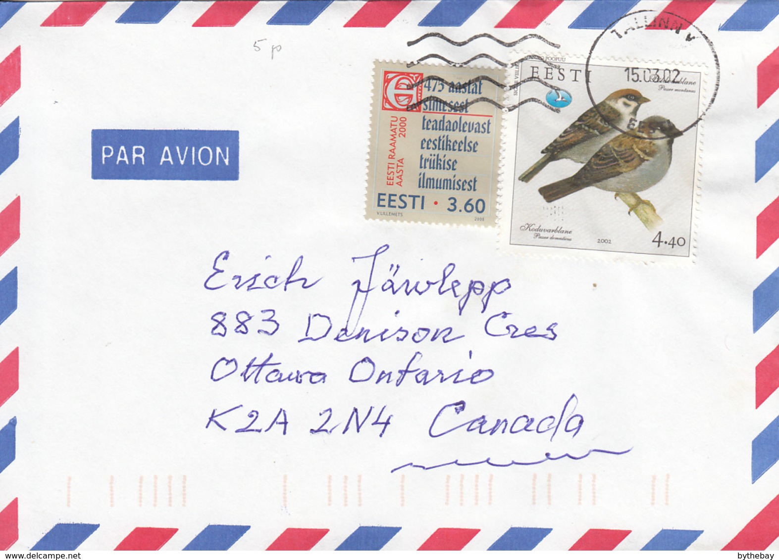 Estonia To Canada 2002 Sc #393 3.60k Book Year, #435 4.40k Sparrows - Estonie