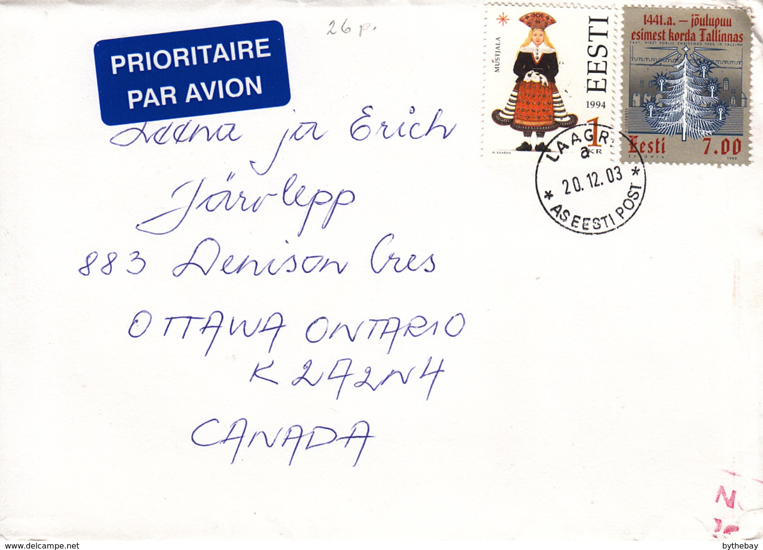 Estonia To Canada 2003 Sc #384 7k Christmas Tree, #277 1k Mustjala Costume Posted Laagri - Estonie