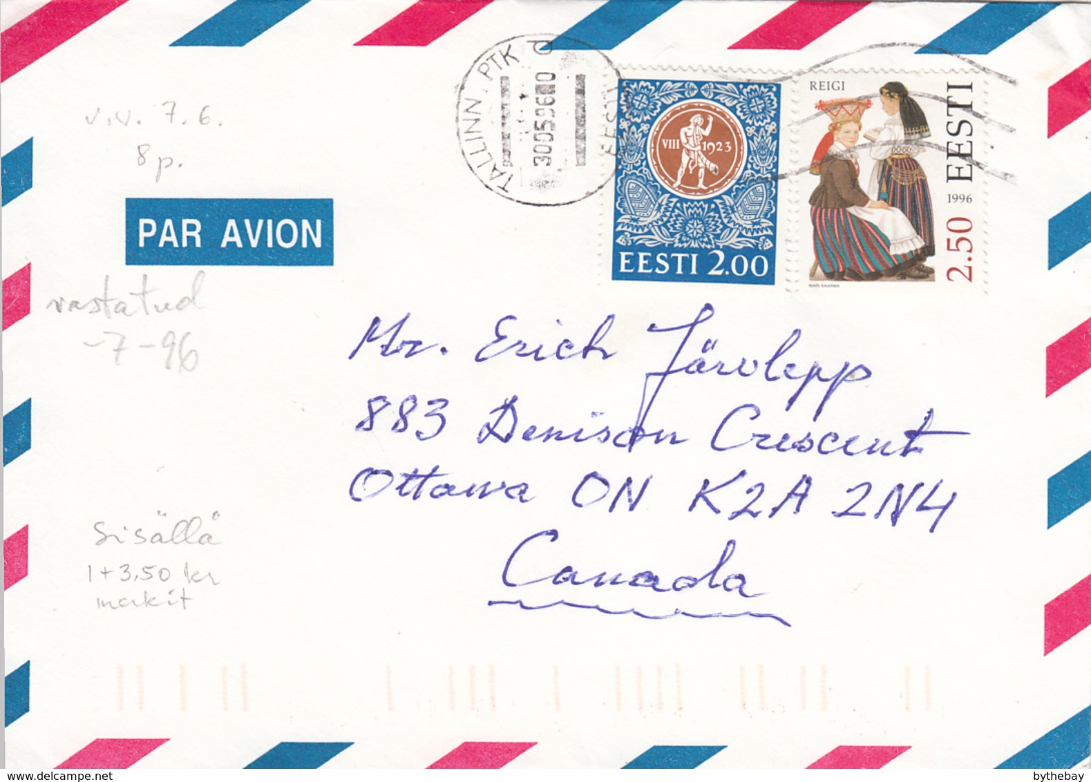 Estonia To Canada 1996 Sc #304 2.50k Reigi Costume, #267 2k Festival Emblem Posted Tallinn - Estonie