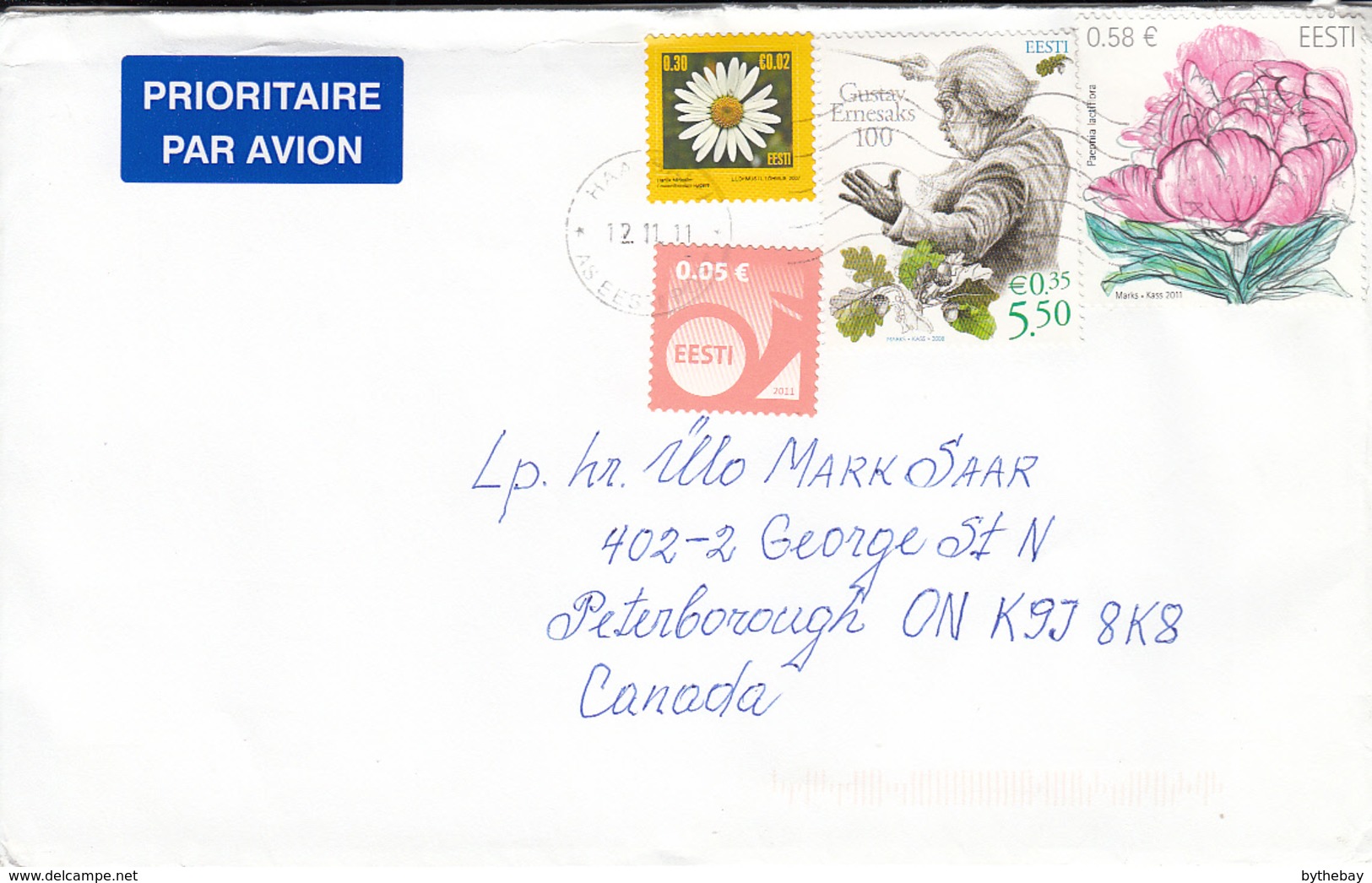 Estonia To Canada 2011 Sc #666 58c Peony, #586 5.50k Ernesaks, Composer, #659 5c Posthorn, #560 30c Daisy - Estonie