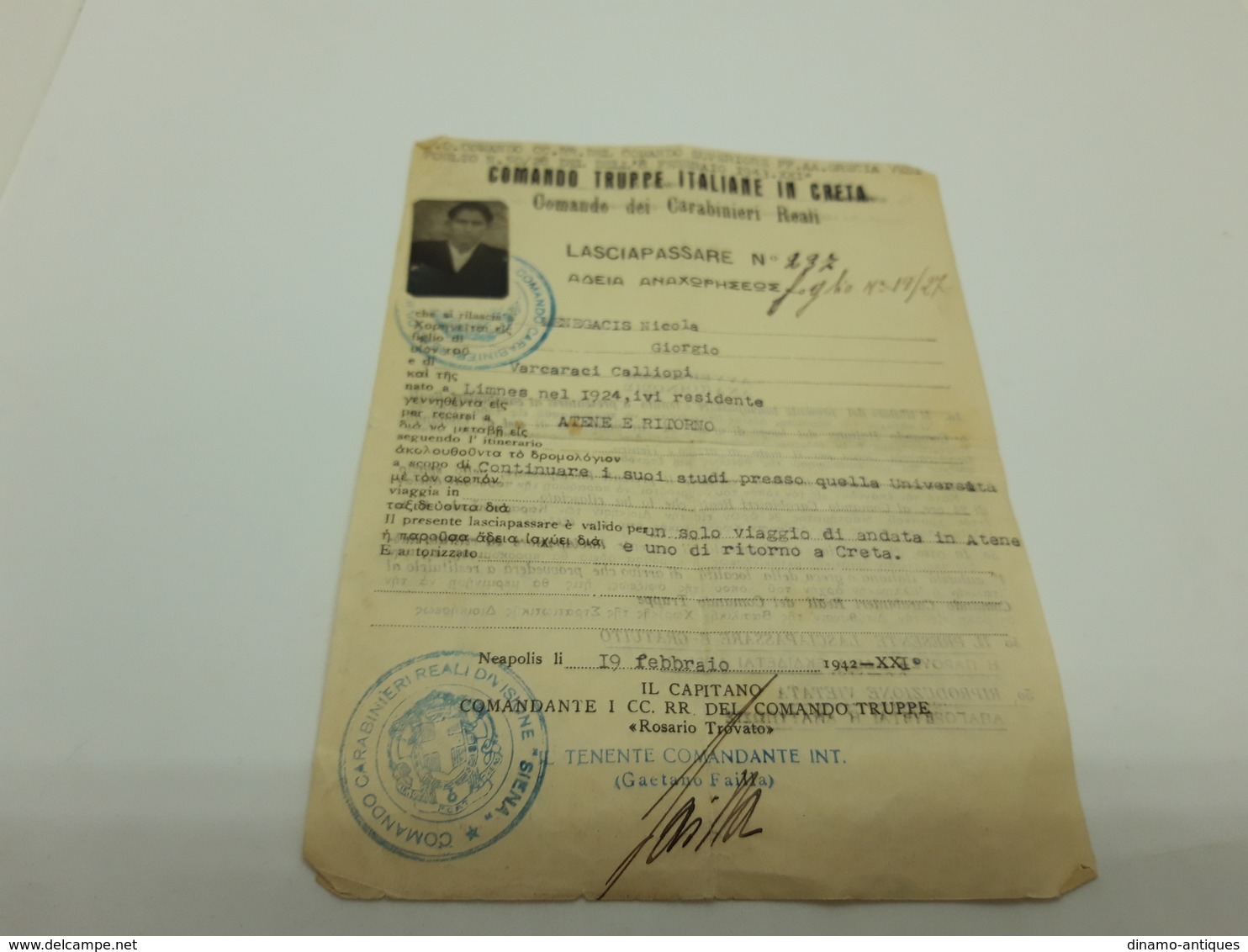 1942 Military Passport Reisepass Issued In Neapolis Crete For Travel To Athena And Back Italian Occupation Lasciapassare - Historische Dokumente
