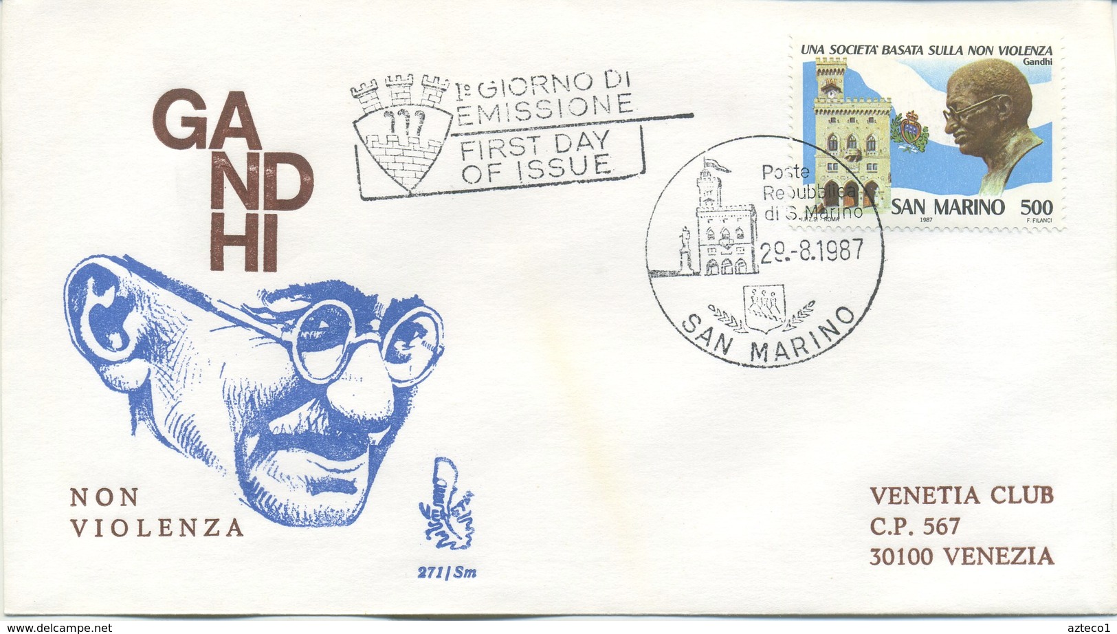 SAN MARINO - FDC  VENETIA 1987 - MAHATMA GANDHI - VIAGGIATA - FDC