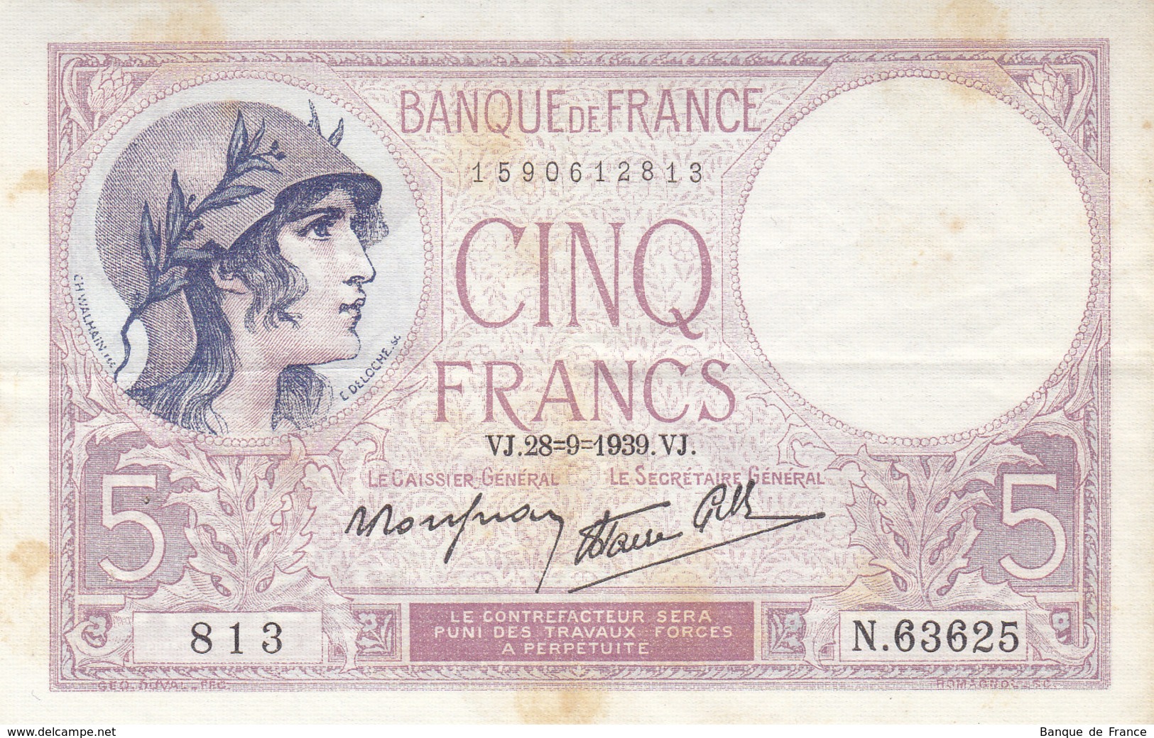 Billet 5 F Violet Du 28-9-1939 FAY 4.10 Alph. N.63625 1 épinglage - 5 F 1917-1940 ''Violet''