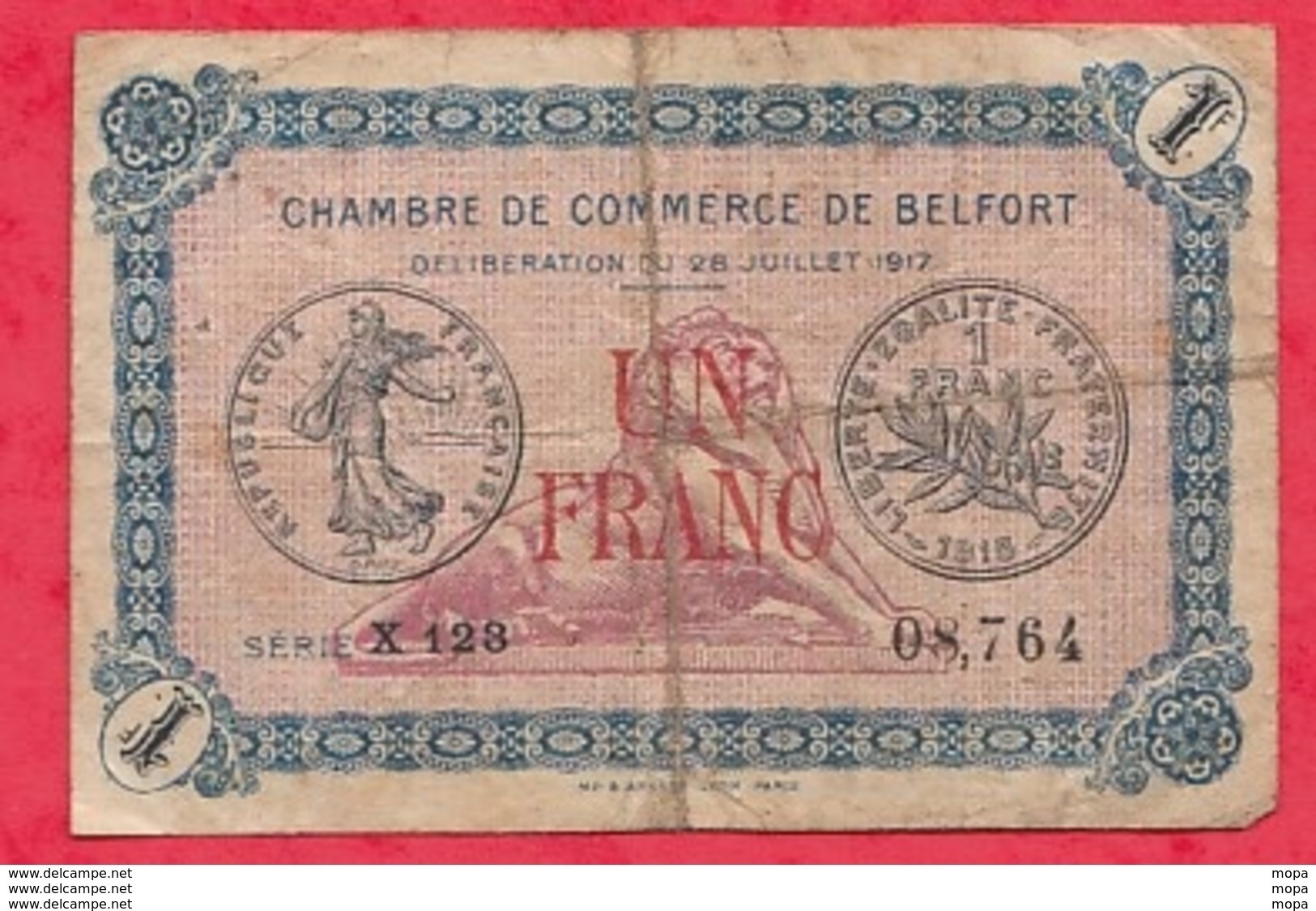 1 Francs Chambre De Commerce De Belfort Du 28/07/1917   Dans L 'état (178) - Camera Di Commercio