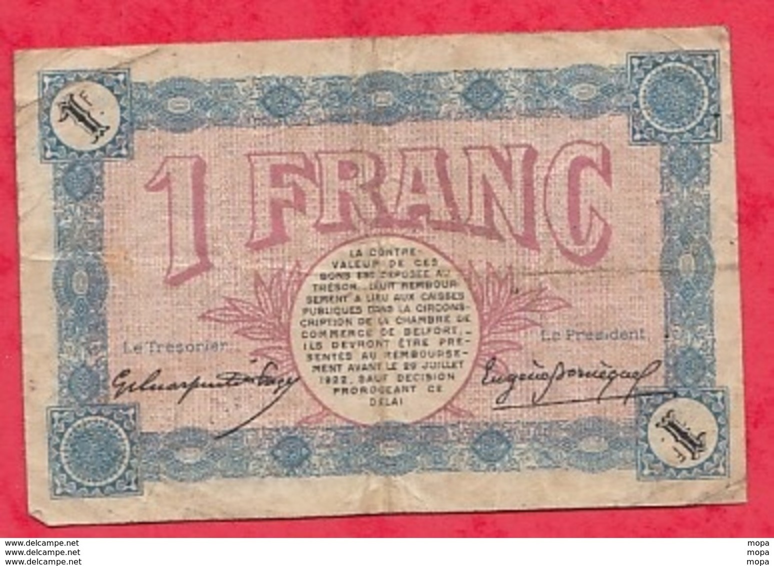 1 Francs Chambre De Commerce De Belfort Du 28/07/1917   Dans L 'état (178) - Camera Di Commercio