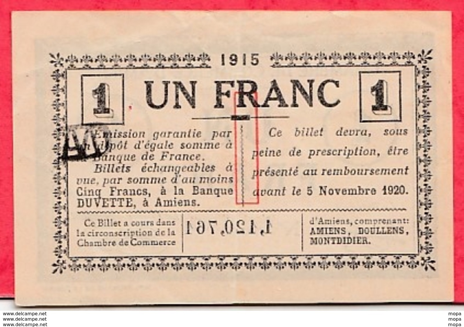 1 Franc Chambre De Commerce D'Amiens 1915  Dans L 'état (181) - Camera Di Commercio