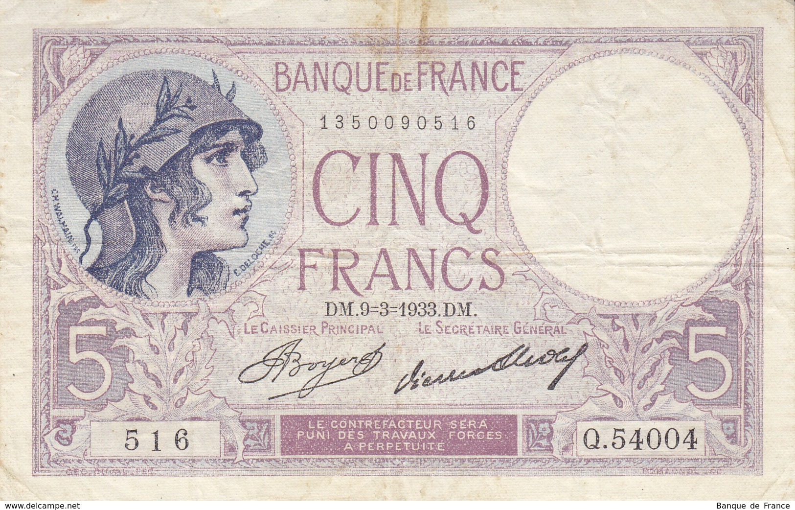 Billet 5 F Violet Du 9-3-1933 FAY 3.17 Alph. Q.54004 Sans épinglage - 5 F 1917-1940 ''Violet''