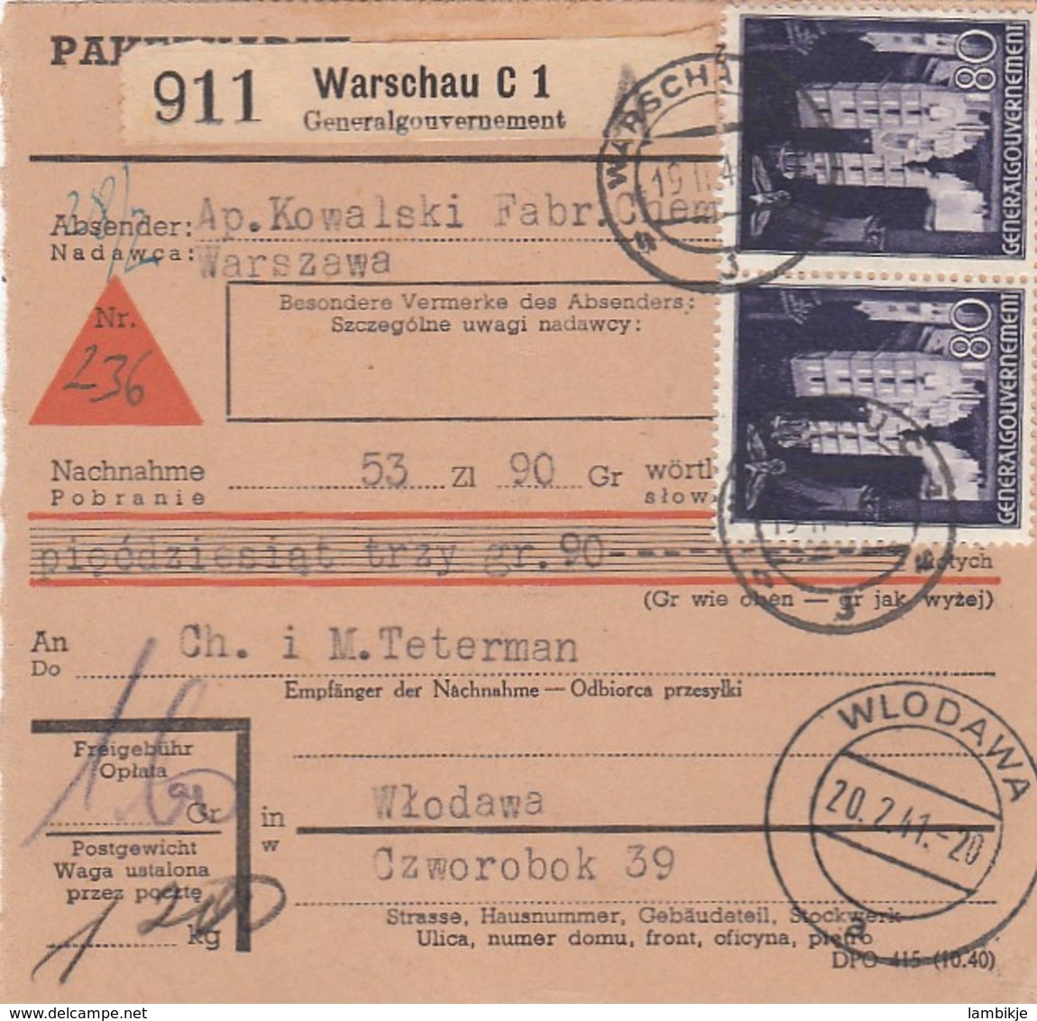 Deutsches Reich General Gouvernement Paketkarte 1941 - Besetzungen 1938-45