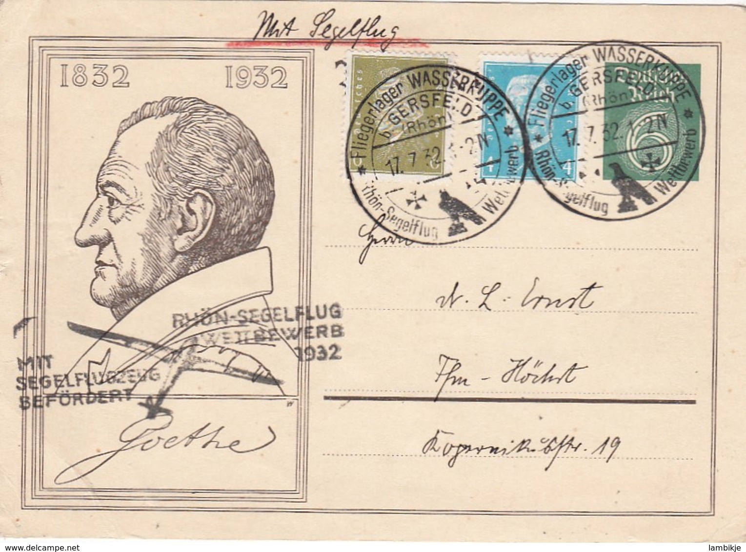Deutsches Reich Postkarte 1932 Rhön-Segelflug - Briefe U. Dokumente