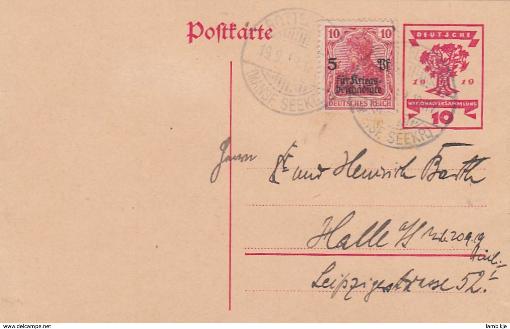 Deutsches Reich Postkarte 1919 Kriegsbeschadigde - Briefe U. Dokumente