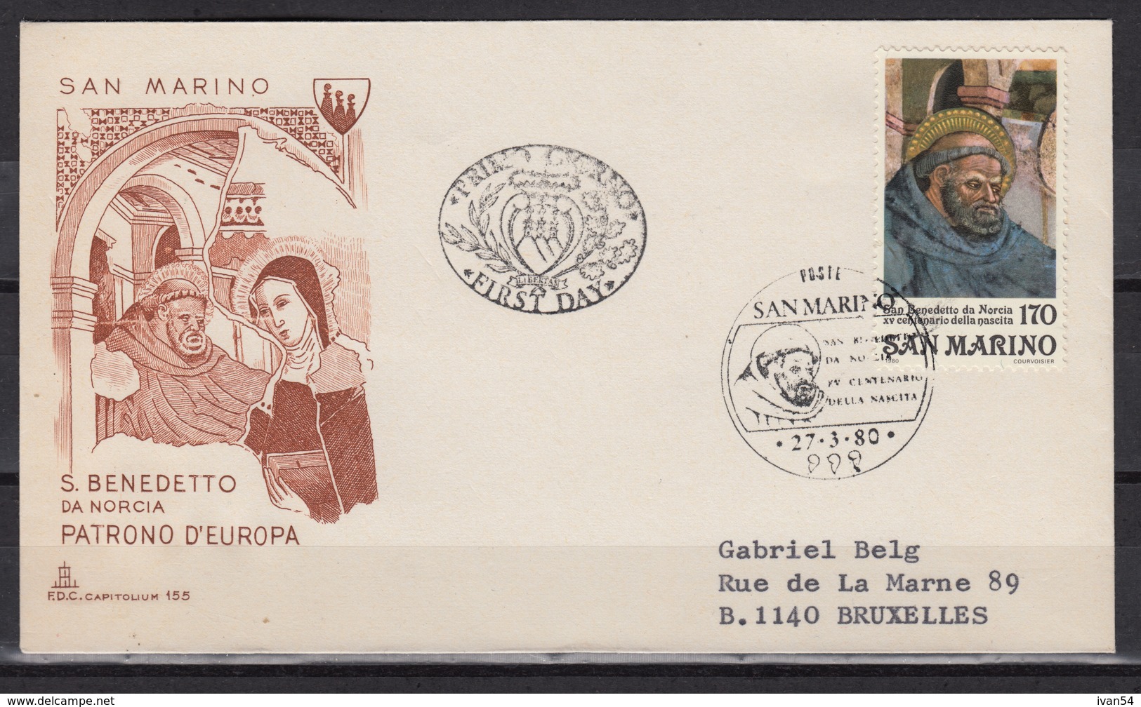 SAN MARINO  : 1004 FDC – Benedictus Van Nursia – Saint Benoît De Nursie (1980) - FDC