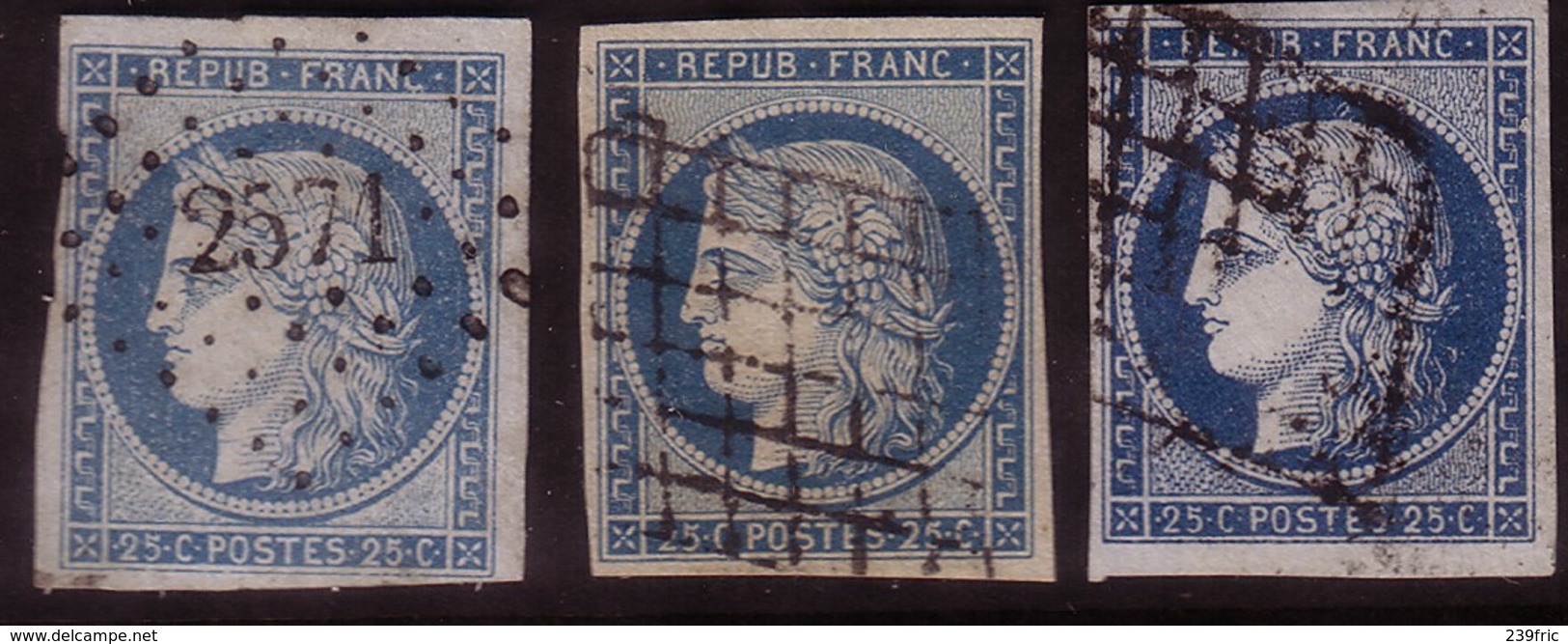 CERES 25c BLEU 3 NUANCES YT4 OBLITERES GRILLES ET PC2571 COTE YT:180E - 1849-1850 Ceres