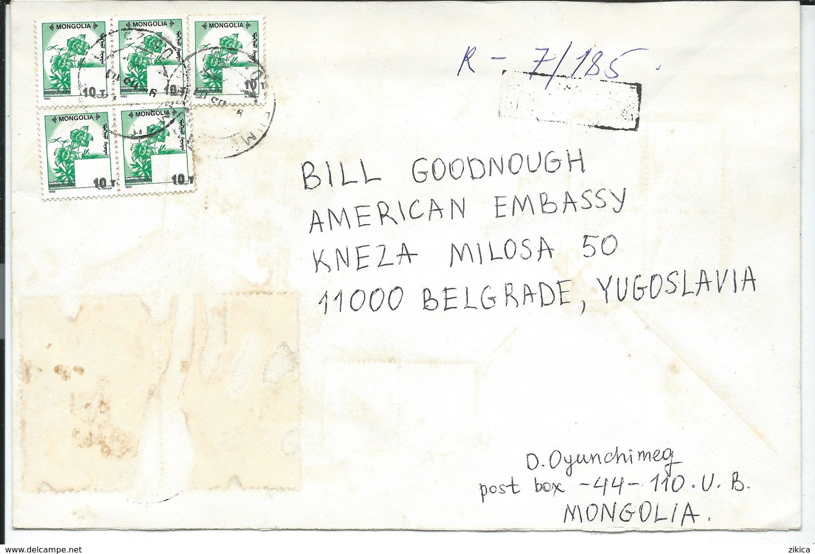 Mongolia Registered Letter Via U.S. Embassy From Yugoslavia  - Nice Stamps - Mongolie