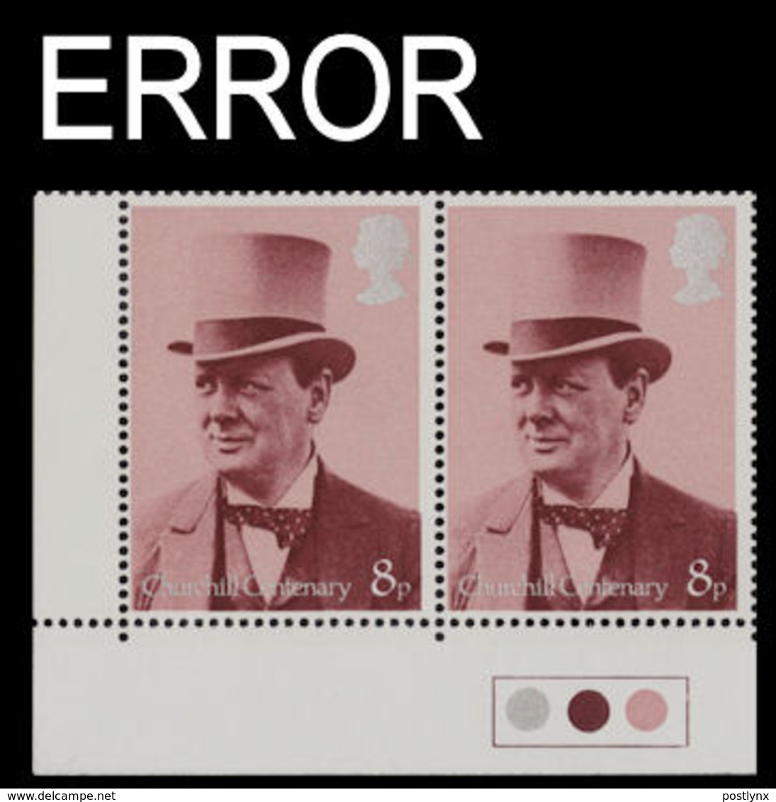 GREAT BRITAIN 1974 Prime Minister Sir Winston Churchill 8p CORNER PAIR ERROR:very Thick Pp GB - Errors, Freaks & Oddities (EFOs