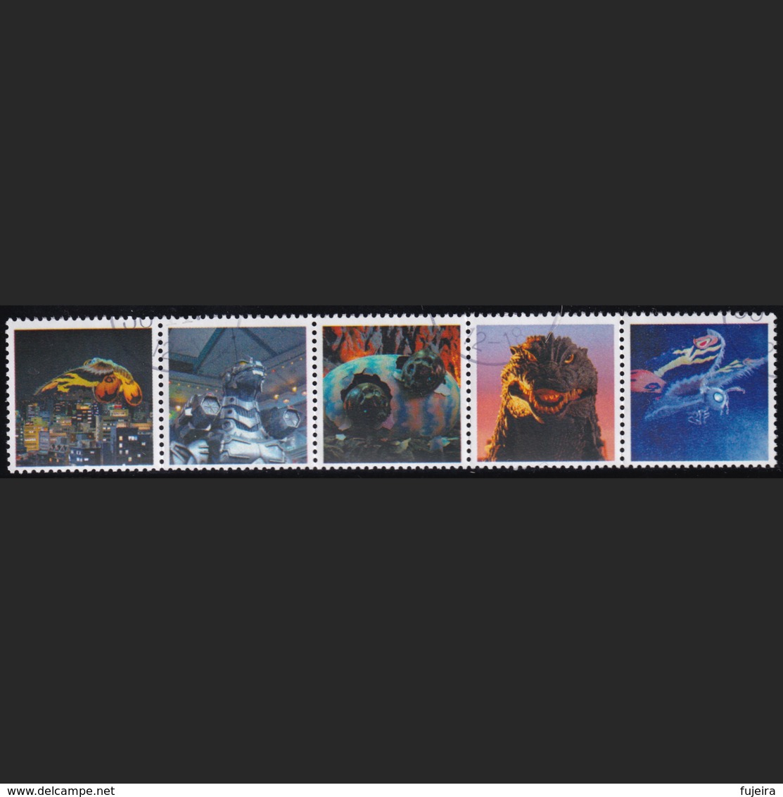 Japan Personalized Stamps, Tab Strip Of 5 Godzilla Mothra (jpu7416) Used, Without Stamps - Used Stamps