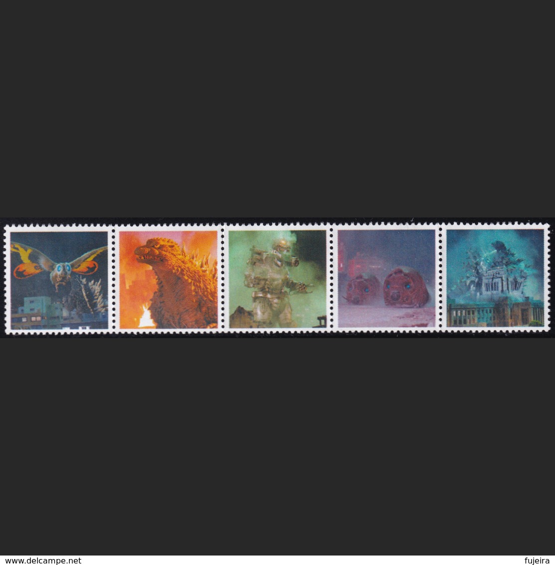 Japan Personalized Stamps, Tab Strip Of 5 Godzilla Mothra (jpu7417) Used, Without Stamps - Used Stamps