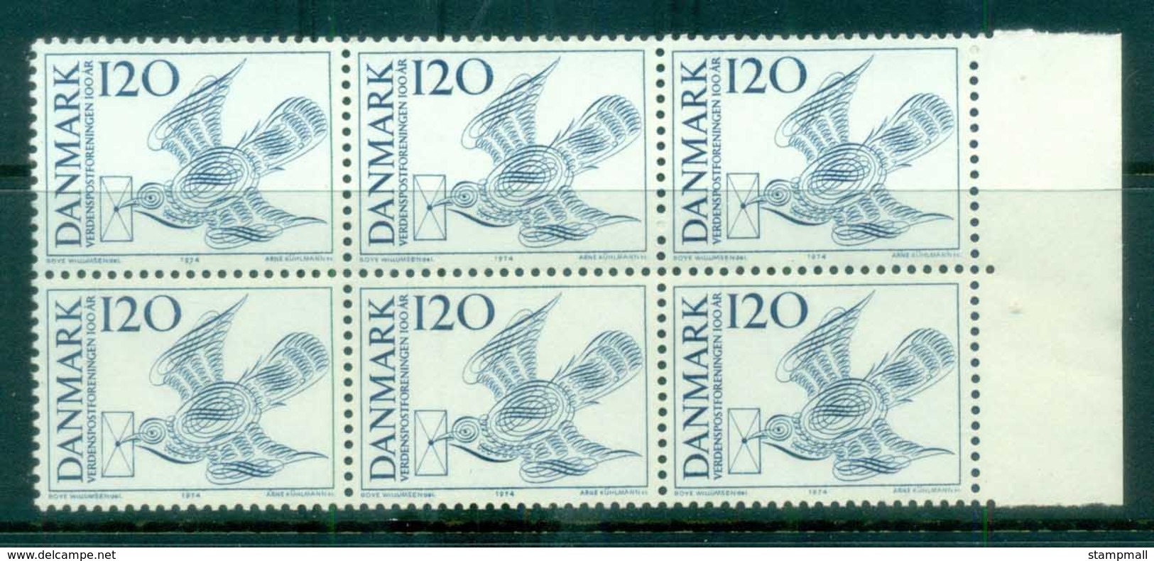 Denmark 1974 Centenary Of UPU 120o Blk 6 MUH Lot76399 - Unused Stamps