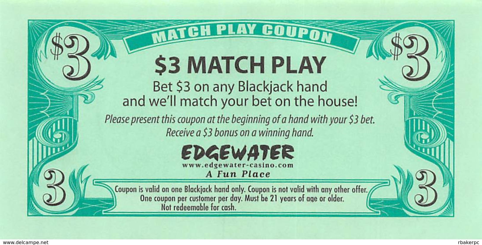 Edgewater Casino Laughlin NV $3 Match Play Coupon (blank Reverse) - Advertising