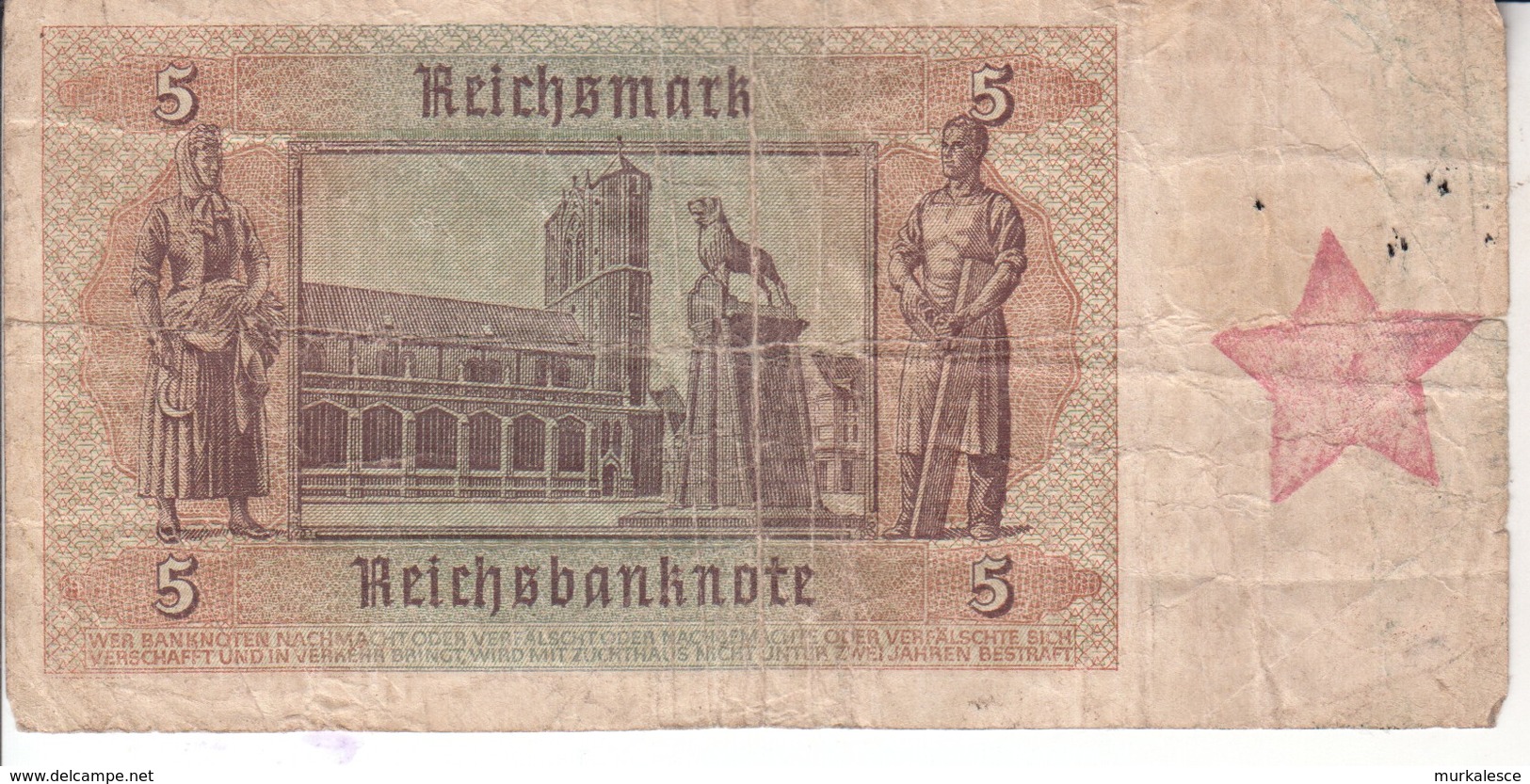 3765    REICH  5  MARK    DEUTSCHE BESETZUNG   JUGOSLAWIEN   PARTISANEN  STERN --R - 5 Reichsmark