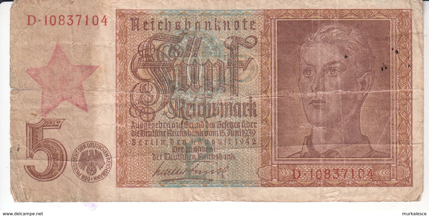 3765    REICH  5  MARK    DEUTSCHE BESETZUNG   JUGOSLAWIEN   PARTISANEN  STERN --R - 5 Reichsmark