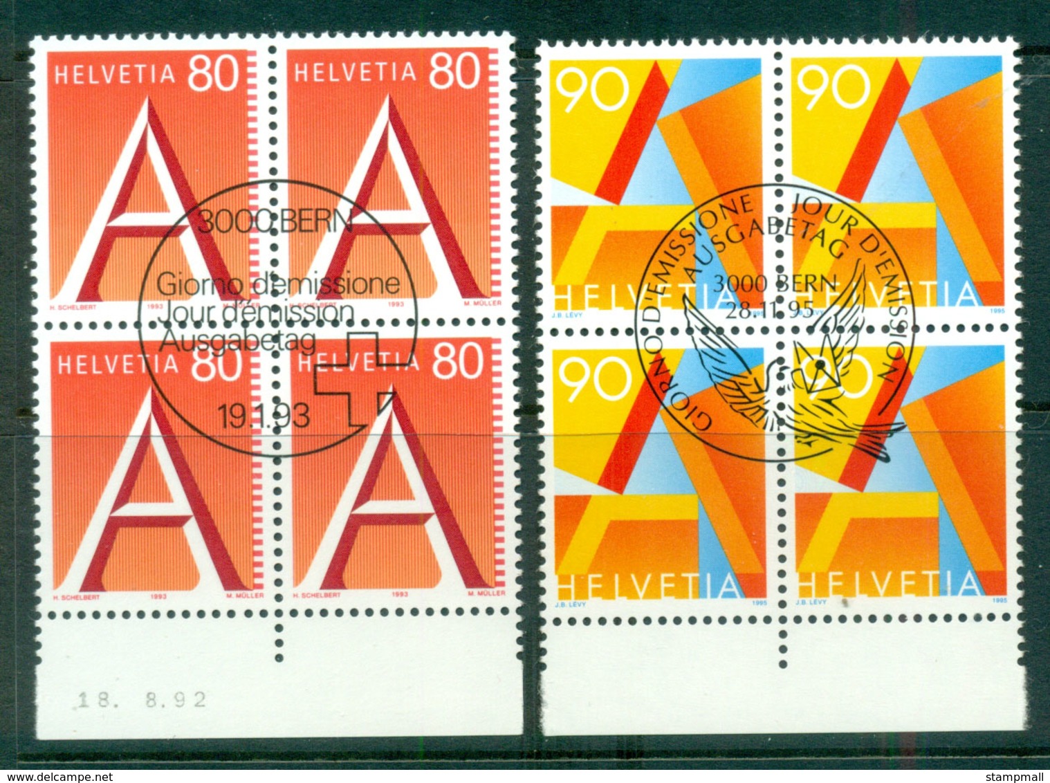 Switzerland 1991-95 80c 90c A Blk 4 CTO Lot59019 - Unused Stamps