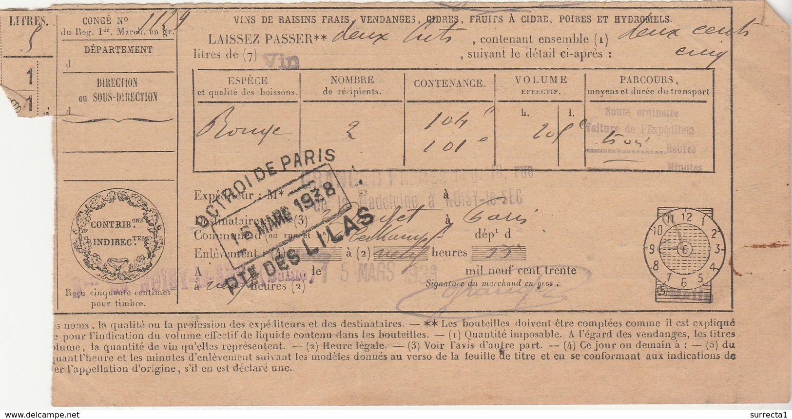 Facture Reçu 1938 / Octroi De Paris Porte Des Lilas / Taxe/ Laissez-passer 200l Vin Rouge - 1900 – 1949