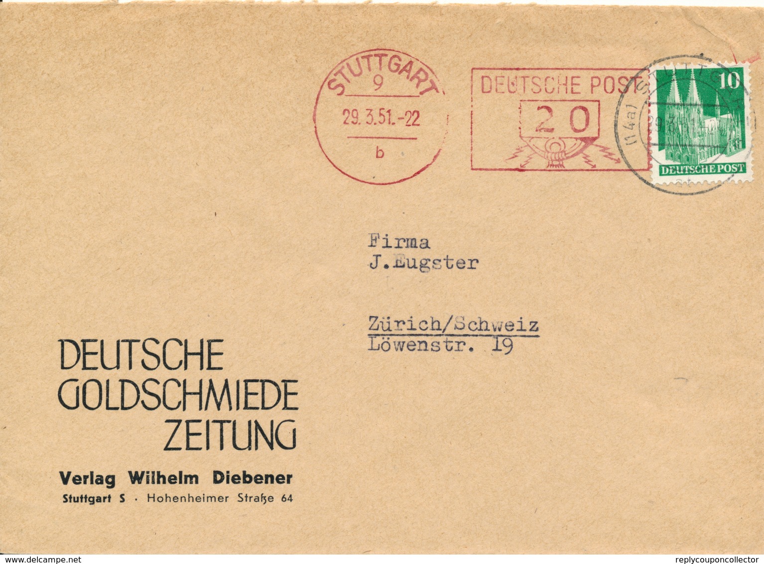STUTTGART - 1951 , Freistempler Mit Zf , Deutsche Goldschmiede Zeitung -  Nach Zurich / CH - Briefe U. Dokumente