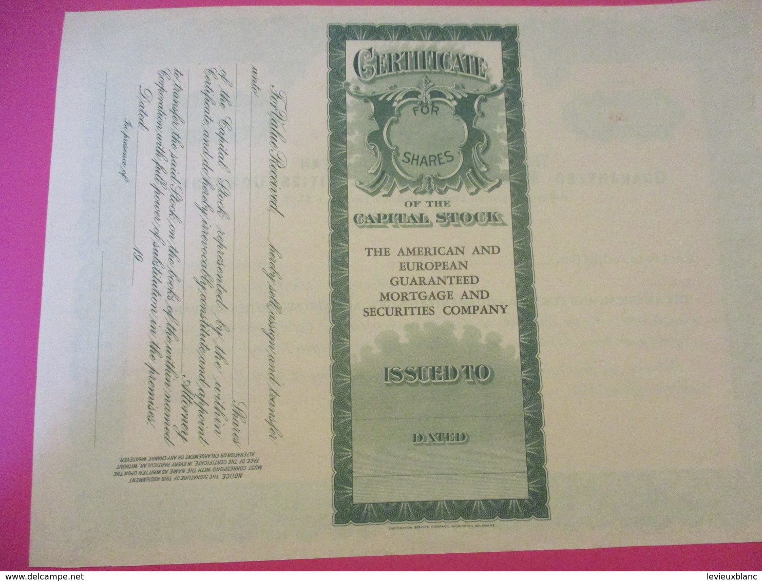 Share/ The American And European Guaranteed Mortgage And Sécurities Company/ DELEWARE/USA/ Vers 1920     ACT206 - Banque & Assurance