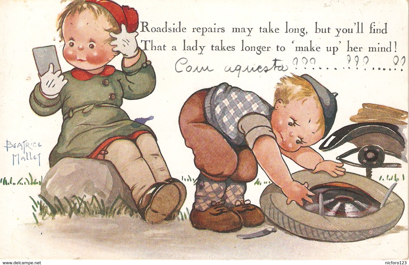 "Beatrice Mallet. Toadside Repairs Mye Take Long..." Tuck Oiette Cute Kiddies Series PC # 3634 - Tuck, Raphael
