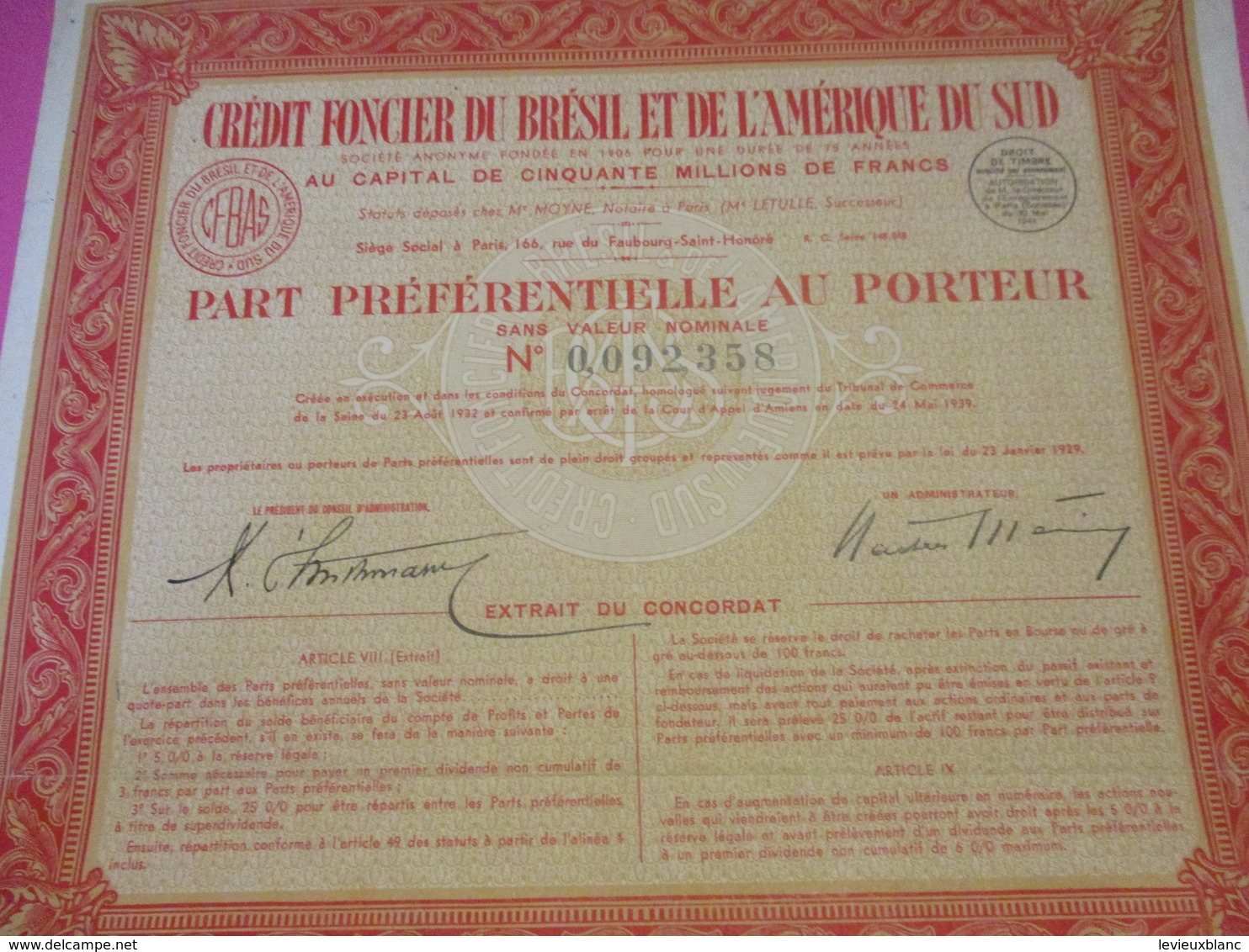Part Préférentielle Au Porteur Sans Valeur Nominale/Crédit Foncier Du Brésil Et De L'Amérique Du Sud/ 1941     ACT217 - Banco & Caja De Ahorros