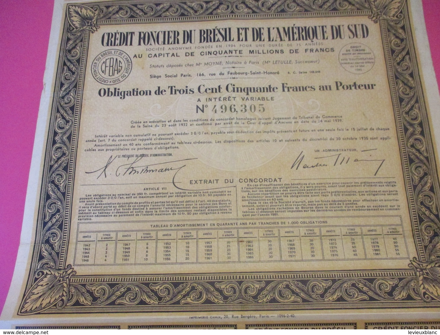 Obligation De 350 Frcs Au Porteur à Intérêt Variable/Crédit Foncier Du Brésil Et De L'Amérique Du Sud/ 1940    ACT218 - Bank & Versicherung