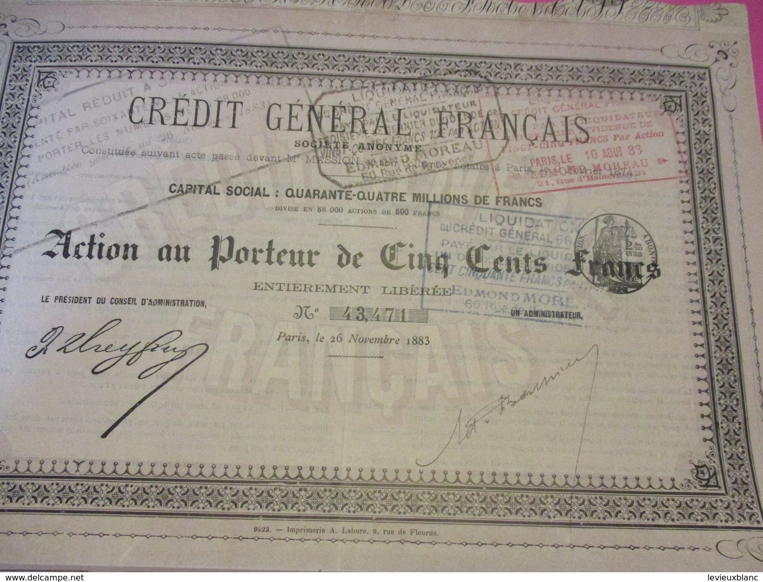 Action Au Porteur De 500 Francs Entièrement Libérée/Crédit Général Français/ 1883     ACT221 - Banco & Caja De Ahorros
