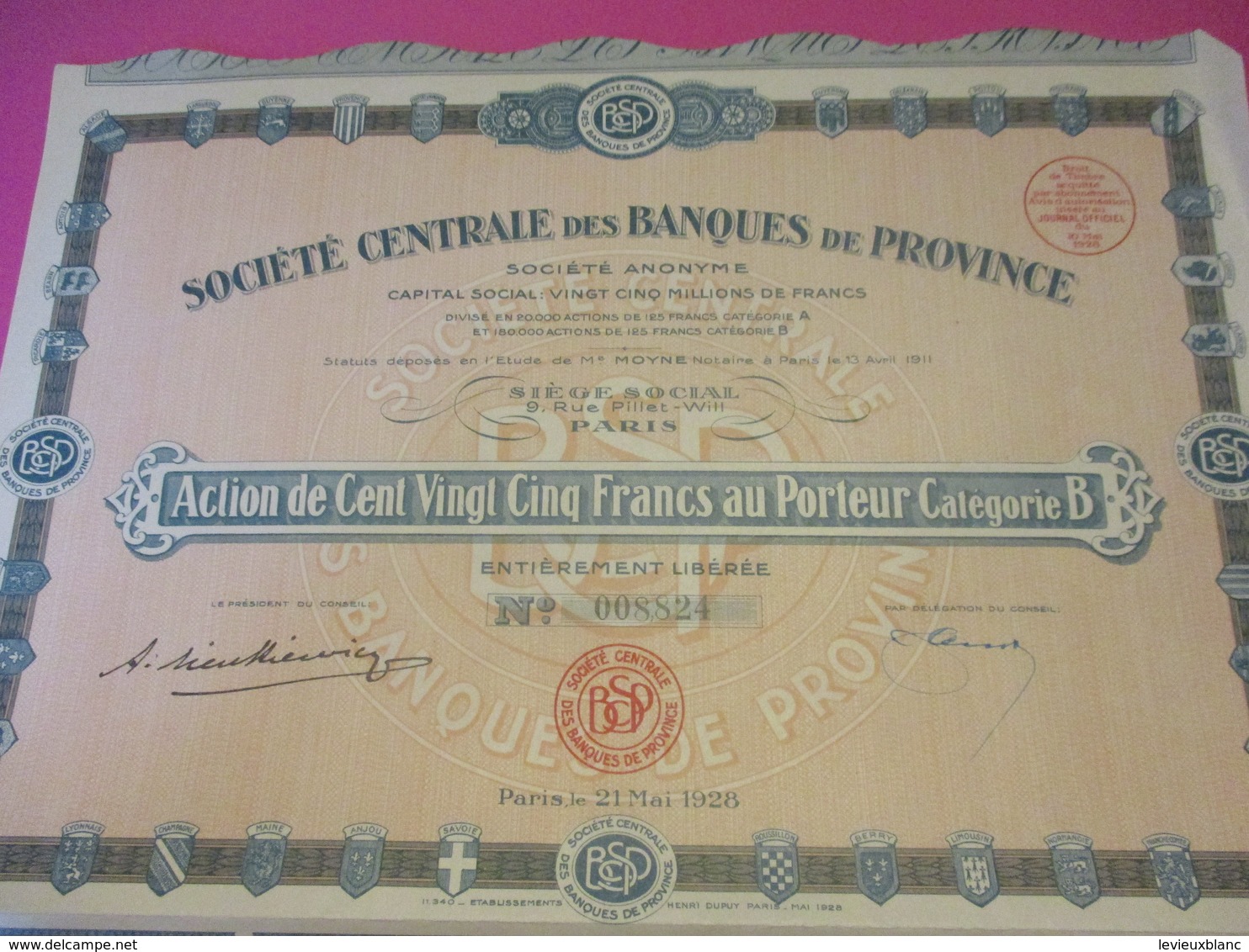 Action De 125 Francs Au Porteur Entièrement Libérée/Société Centrale Des Banques De Province/ Paris /1928    ACT220 - Banque & Assurance