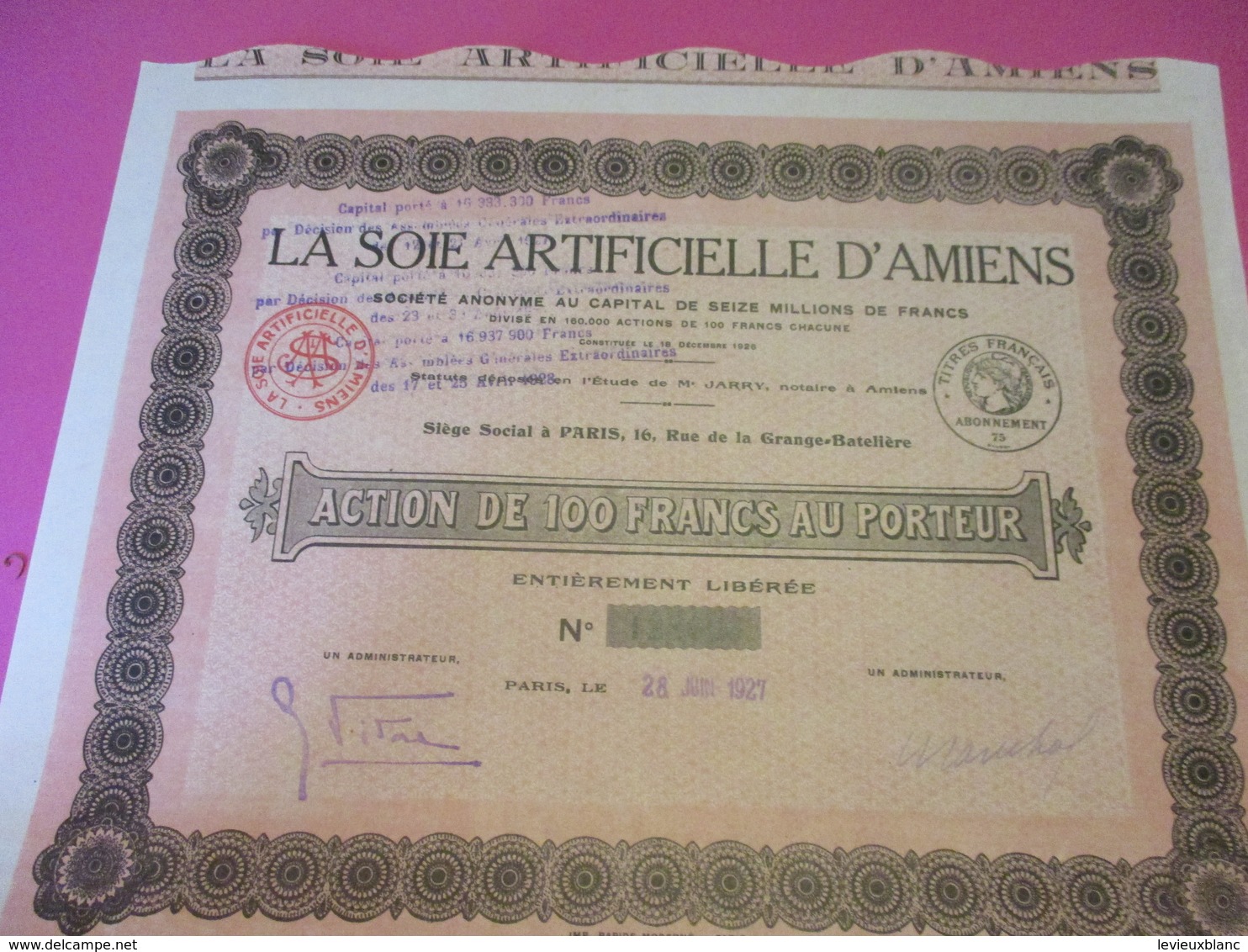 Action De 100 Francs Au Porteur Entièrement Libérée/La Soie Artificielle D'AMIENS/ Amiens /1927    ACT200 - Textiel