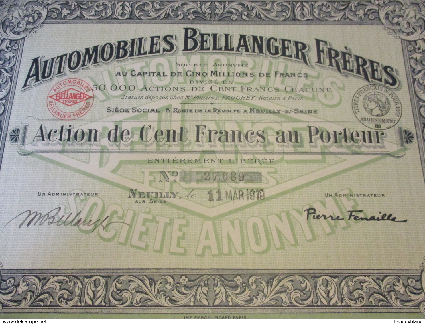 Action De 100 Francs Au Porteur Entièrement Libérée/Automobiles BELLANGER Fréres/NEUILLY S/Seine /1919   ACT201 - Automobil