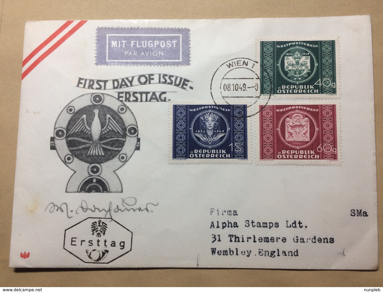 AUSTRIA 1949 FDC UPU Air Mail Wien Vienna To England With Censor Cachet To Rear - Covers & Documents