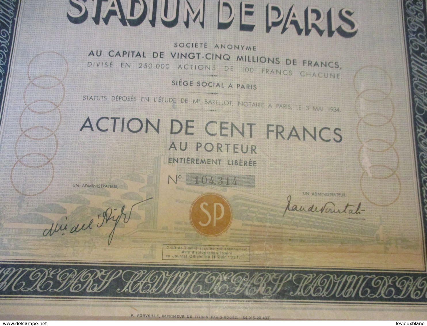 Action De 100 Francs Au Porteur Entièrement Libérée/STADIUM De PARIS/ /1934        ACT203 - Sports